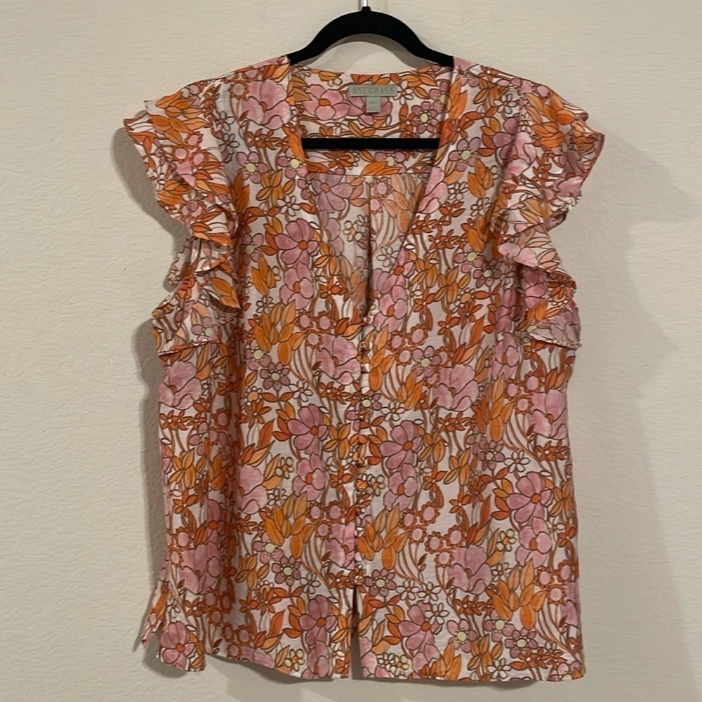 RyeGrass Womenβs Tunic Top XXL Orange & Pink Floral Flutter Sleeve Contemporary